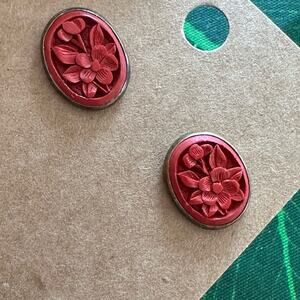 Cinnabar gold plated streaking silver carved earrings vintafe